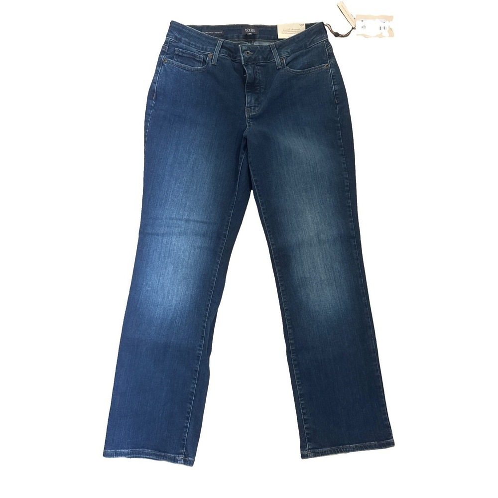 NYDJ Marilyn Straight Jeans Womens 10P Blue Dark Wash Mid Rise Stretch Shaping